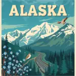 Vintage-style travel poster for Alaska by Marked by Memory, featuring snow-capped mountains and a brown bear, illustrating state roadside memorial laws.