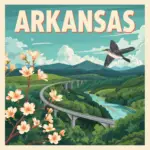 Illustrated vintage-style Arkansas travel poster for Marked by Memory featuring a winding river through green hills, a soaring hawk, and a mockingbird perched on apple blossoms.