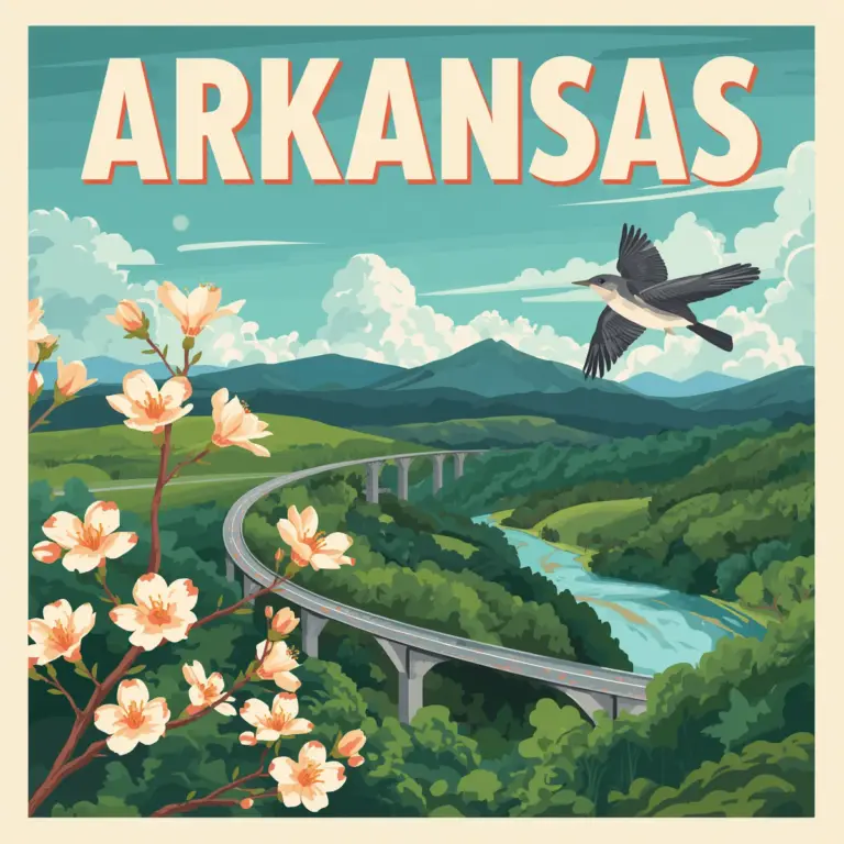 Illustrated vintage-style Arkansas travel poster for Marked by Memory featuring a winding river through green hills, a soaring hawk, and a mockingbird perched on apple blossoms.