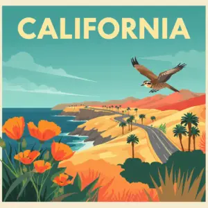 Vintage-style California travel poster by Marked by Memory showing the Golden Gate Bridge and poppies, representing Caltrans roadside memorial laws and regulations.