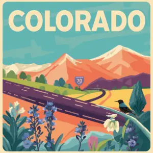 Travel poster illustration for Colorado featuring snow-capped Rocky Mountains, golden aspen trees, evergreen forest, and a winding mountain road under a clear sky, with the word COLORADO across the top — part of the Marked by Memory 50-state roadside memorial laws series.
