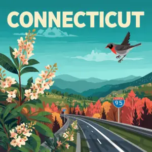 A vintage-style travel poster for Connecticut featuring a winding road, lush greenery, and mountain laurel flowers, branded for Marked by Memory's roadside memorial registry.