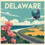 Illustrated postcard style graphic for Delaware Roadside Memorial Laws featuring a blue hen and state capitol building.