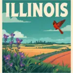 Vintage-style illustration of an Illinois highway landscape with a roadside memorial, created for the Marked by Memory registry.
