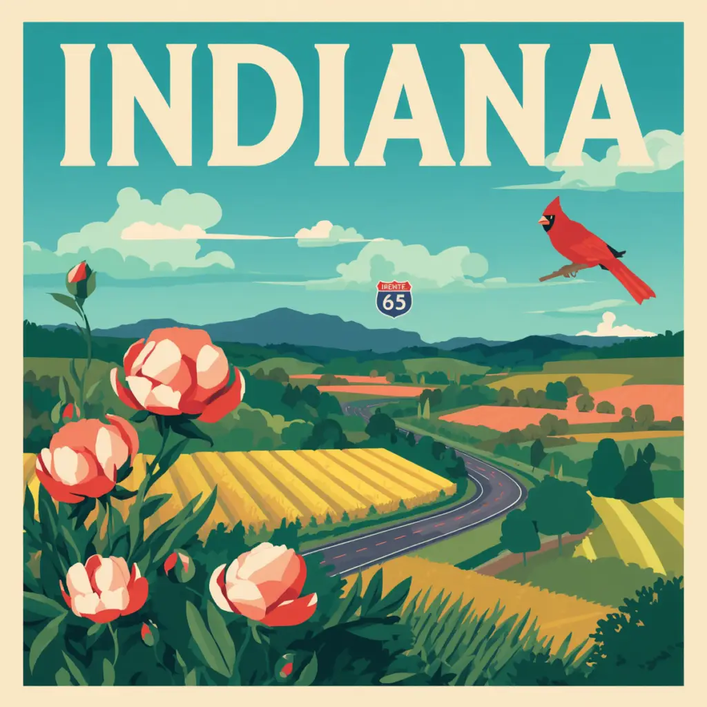 Vintage-style illustration of an Indiana highway with a roadside memorial marker and farmland scenery, created for Marked by Memory.