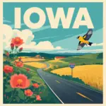 Vintage-style illustration of an Iowa highway with an "in memory" roadside marker, documented for Marked by Memory.