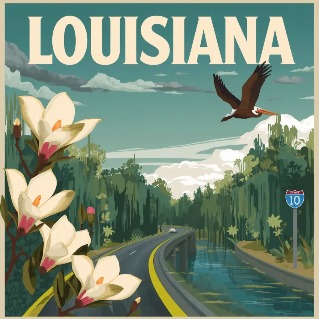 Vintage-style illustration of a Louisiana bayou highway with a roadside memorial marker and moss-draped trees, created for Marked by Memory.