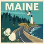 Vintage-style illustration of a Maine coastal highway with a roadside memorial marker and pine trees, created for Marked by Memory.