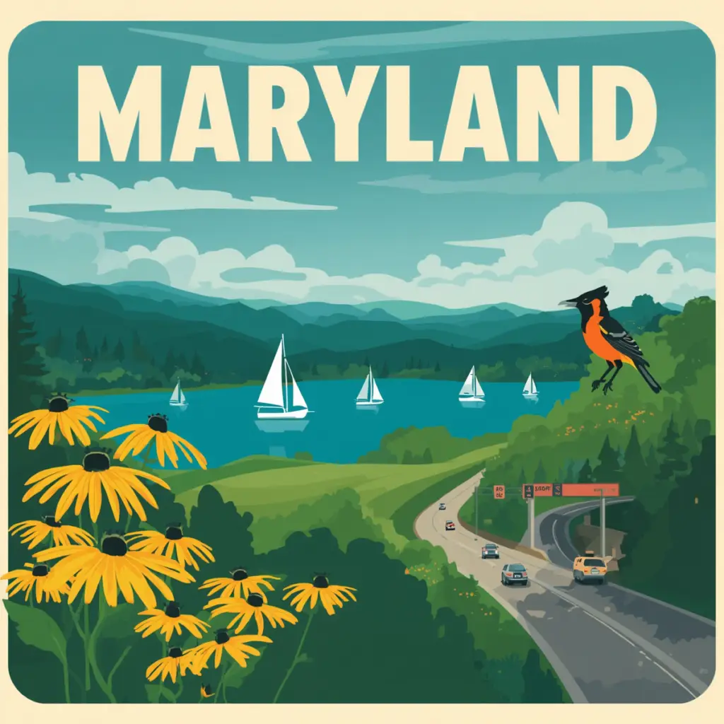 Vintage-style illustration of a Maryland highway with a memorial tree grove and blue crab motifs, created for Marked by Memory.