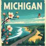 Vintage-style illustration of a Michigan highway with a Great Lakes backdrop and a roadside memorial marker, created for Marked by Memory.