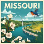 Vintage-style illustration of a Missouri highway with a roadside memorial marker and Gateway Arch backdrop, created for Marked by Memory.