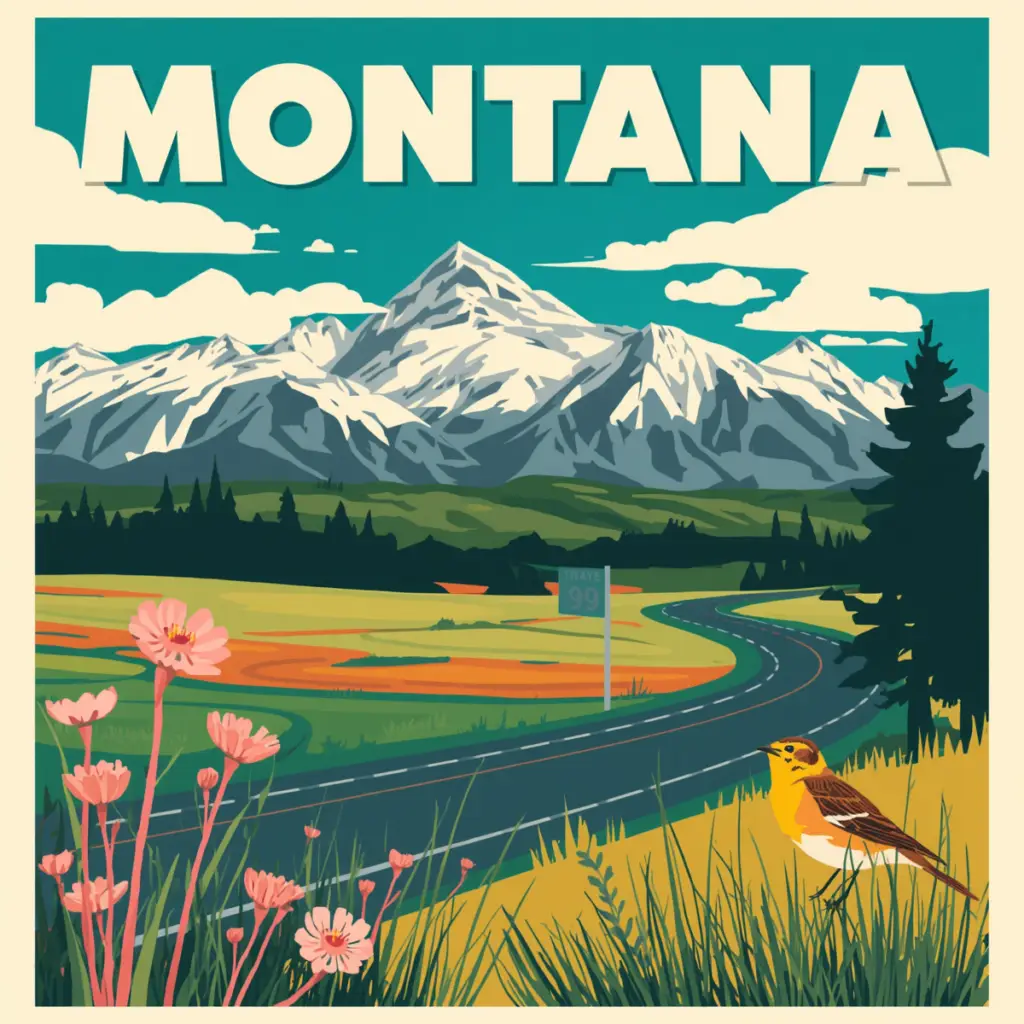 Vintage-style illustration of a Montana mountain pass with a white cross roadside marker, created for Marked by Memory.