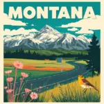 Vintage-style illustration of a Montana mountain pass with a white cross roadside marker, created for Marked by Memory.