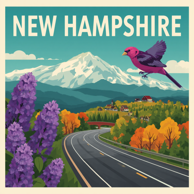 Vintage-style illustration of a New Hampshire mountain highway with a roadside memorial marker and autumn foliage, created for Marked by Memory.