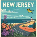 Vintage-style illustration of a New Jersey highway with a roadside memorial marker and a lighthouse in the distance, created for Marked by Memory.