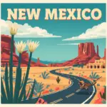 Vintage-style illustration of a New Mexico desert road with a traditional descanso roadside memorial, created for Marked by Memory.