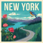 Vintage-style illustration of a New York highway with a digital memorial glow and the Manhattan skyline, created for Marked by Memory.