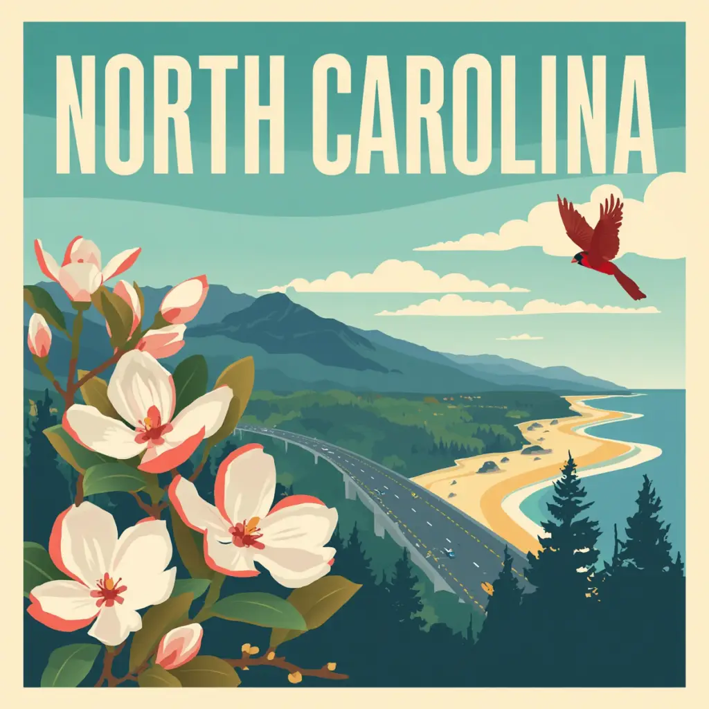Vintage-style illustration of a North Carolina highway with a memorial tree planting and dogwood blossoms, created for Marked by Memory.