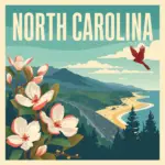 Vintage-style illustration of a North Carolina highway with a memorial tree planting and dogwood blossoms, created for Marked by Memory.