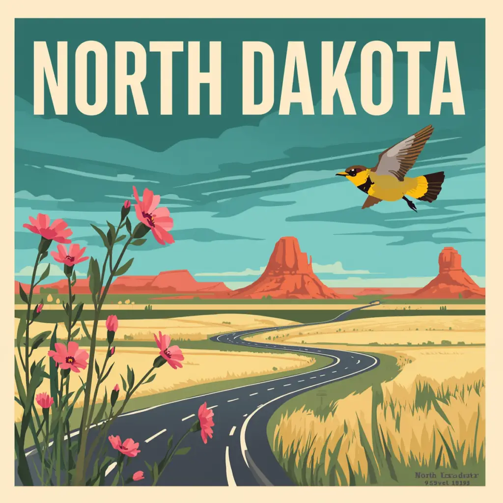 Vintage-style illustration of a North Dakota prairie highway with a roadside memorial marker and wild prairie roses, created for Marked by Memory.