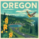 Vintage-style illustration of an Oregon forest highway with a roadside memorial marker and Douglas fir trees, created for Marked by Memory.
