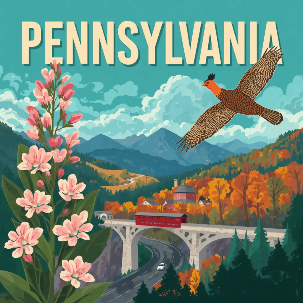 Vintage-style illustration of a Pennsylvania mountain highway with a roadside memorial marker and a stone bridge, created for Marked by Memory.