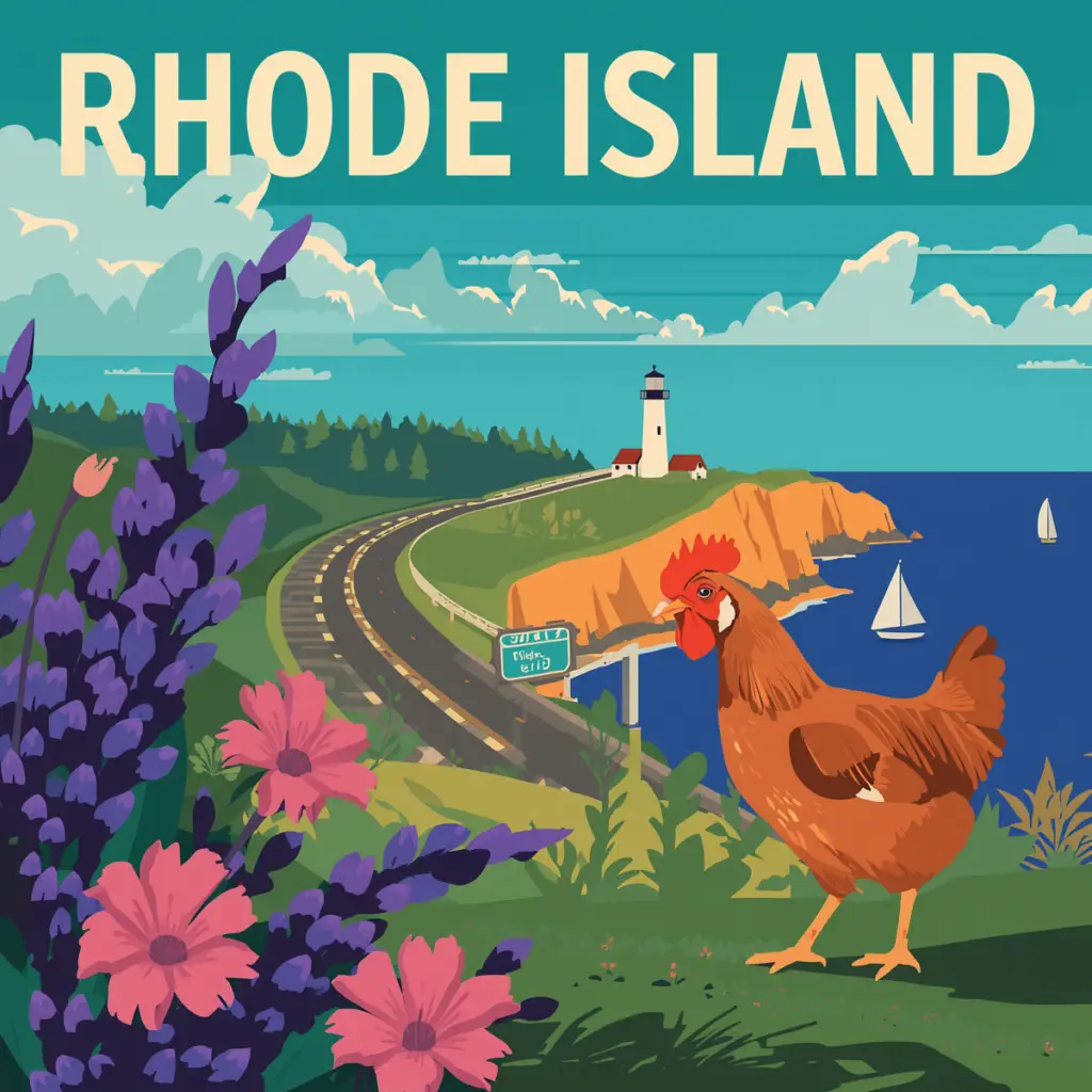 Vintage-style illustration of a Rhode Island coastal road with a roadside memorial marker and a Blue Star Memorial highway sign, created for Marked by Memory.