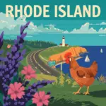 Vintage-style illustration of a Rhode Island coastal road with a roadside memorial marker and a Blue Star Memorial highway sign, created for Marked by Memory.