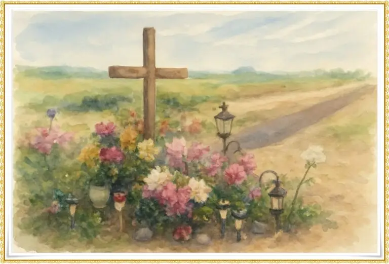 Watercolor illustration of a wooden cross roadside memorial surrounded by pink, yellow, and white flowers, lanterns, and stones beside an open country road under a soft blue sky.