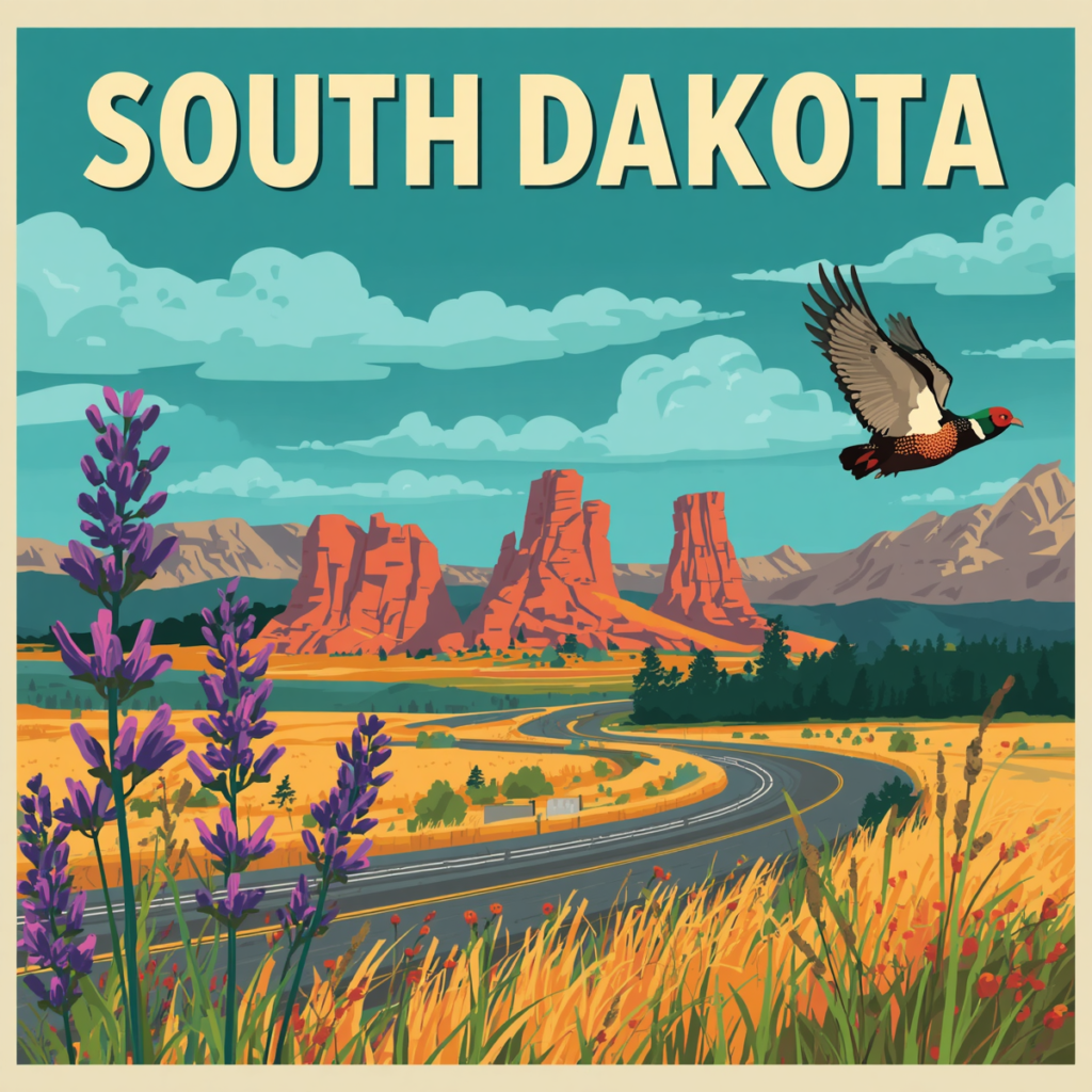 Vintage-style illustration of a South Dakota prairie road with an official "THINK" memorial sign, created for Marked by Memory.