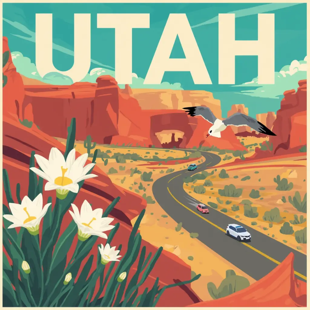 Vintage-style illustration of a Utah desert highway with a roadside memorial marker and red rock arches, created for Marked by Memory.