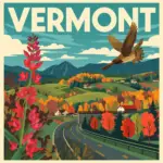 Vintage-style illustration of a Vermont winding road with a roadside memorial marker and a covered bridge in the background, created for Marked by Memory.