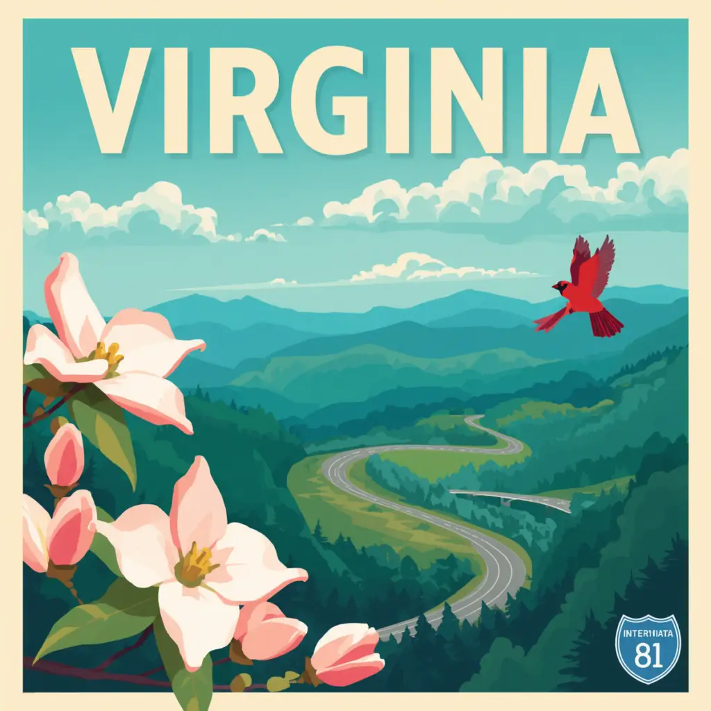 Vintage-style illustration of a Virginia scenic highway with a Blue Ridge Mountains backdrop and a roadside memorial marker, created for Marked by Memory.