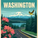 Vintage-style illustration of a Washington highway with an evergreen forest backdrop and a blue-and-white official memorial sign, created for Marked by Memory.