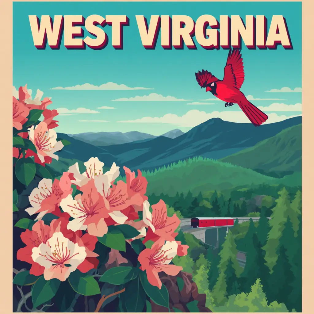 Vintage-style illustration of a West Virginia mountain road with a roadside memorial marker and wild rhododendrons, created for Marked by Memory.