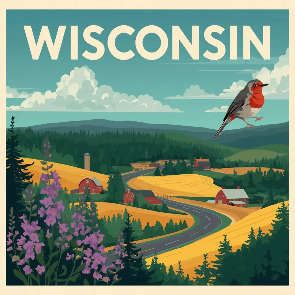 Vintage-style illustration of a Wisconsin highway with a lakeside view, a memorial marker, and a dairy farm silhouette, created for Marked by Memory.