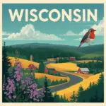 Vintage-style illustration of a Wisconsin highway with a lakeside view, a memorial marker, and a dairy farm silhouette, created for Marked by Memory.