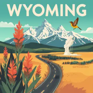 A vintage-style travel poster for Wyoming by Marked by Memory, featuring a winding road leading toward snow-capped mountains and a white roadside memorial cross.