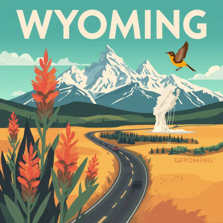 A vintage-style travel poster for Wyoming by Marked by Memory, featuring a winding road leading toward snow-capped mountains and a white roadside memorial cross.