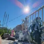 White ghost bike roadside memorial dedicated to Amy, located in Phoenix, Arizona, surrounded by desert landscape.